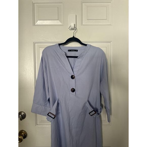 Zara Dress Womens XL Blue Belted Shirt Midi Henley 3/4 Sleeve Work Office - Picture 5 of 8
